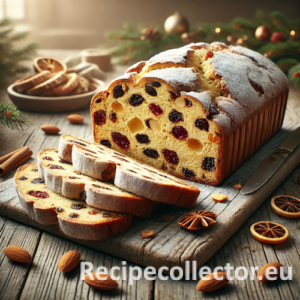 Golden-brown sliced Christmas stollen loaf with marzipan, almonds, and dried fruit, dusted with icing sugar and served on a rustic wooden surface.