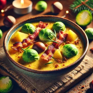 A beautifully plated bowl of Christmas Special Soup, featuring a creamy, golden broth made with Brussels sprouts, chestnuts, potatoes, and smoked bacon. The bowl rests on a wooden table with soft, warm lighting, evoking a cozy holiday atmosphere.