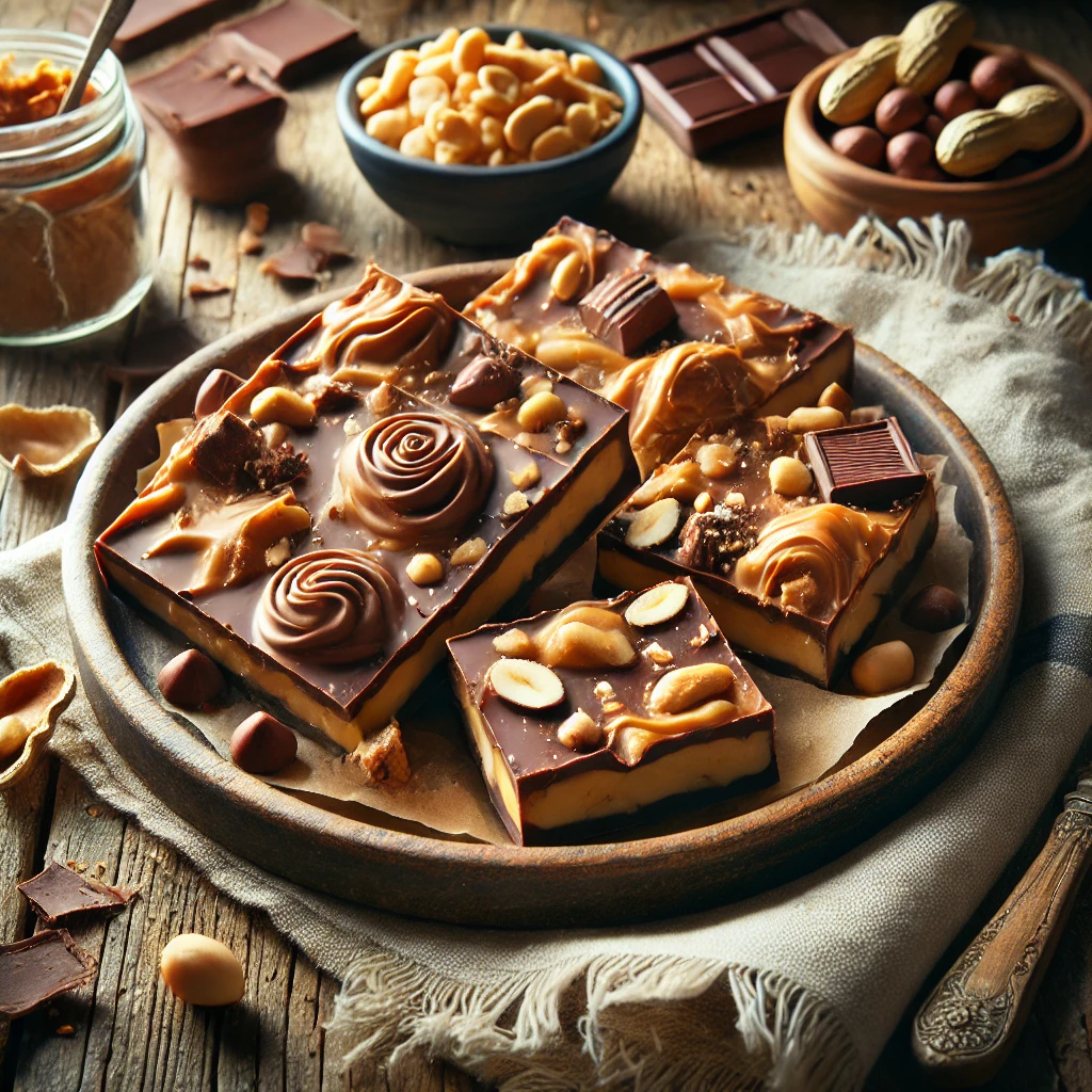 A plate of chunky chocolate peanut butter bark with a dark chocolate base swirled with creamy peanut butter and studded with crunchy peanuts on a rustic wooden table. Some pieces are broken apart to reveal thick, textured layers, with whole peanuts and chocolate shavings scattered around. A cozy napkin and wooden plate enhance the warm, inviting atmosphere.