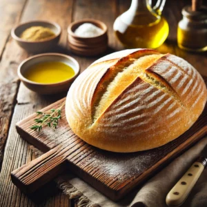 A beautifully plated freshly baked Ciabatta bread served on a rustic wooden table. The bread has a golden, crispy crust with a soft, airy interior, showcasing its signature open crumb structure. Lightly dusted with flour and served on a wooden cutting board with a side of olive oil and balsamic vinegar for dipping. The warm wooden table is more visible, providing a cozy and inviting setting.