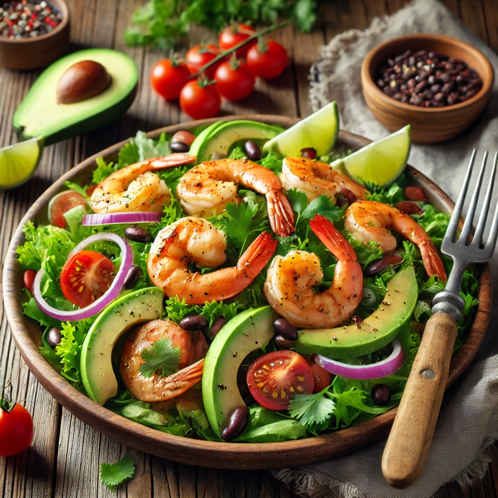 A plate of cilantro-lime shrimp salad with grilled shrimp marinated in a zesty cilantro-lime dressing over fresh mixed greens, sliced avocado, cherry tomatoes, red onion, and black beans on a rustic wooden table. Garnished with fresh cilantro leaves and lime wedges, with a serving fork lifting a shrimp. A cozy napkin and wooden plate enhance the warm, inviting atmosphere.