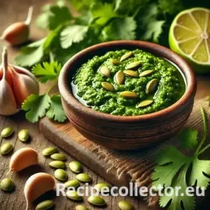 Chunky green cilantro pepita pesto in a rustic bowl, surrounded by cilantro leaves, lime, garlic, and pepitas on a wooden table in natural light.