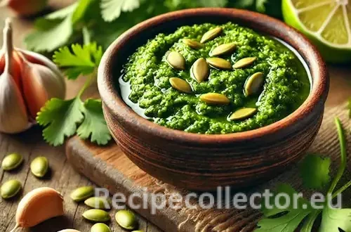 Chunky green cilantro pepita pesto in a rustic bowl, surrounded by cilantro leaves, lime, garlic, and pepitas on a wooden table in natural light.