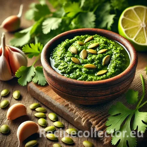 Chunky green cilantro pepita pesto in a rustic bowl, surrounded by cilantro leaves, lime, garlic, and pepitas on a wooden table in natural light.