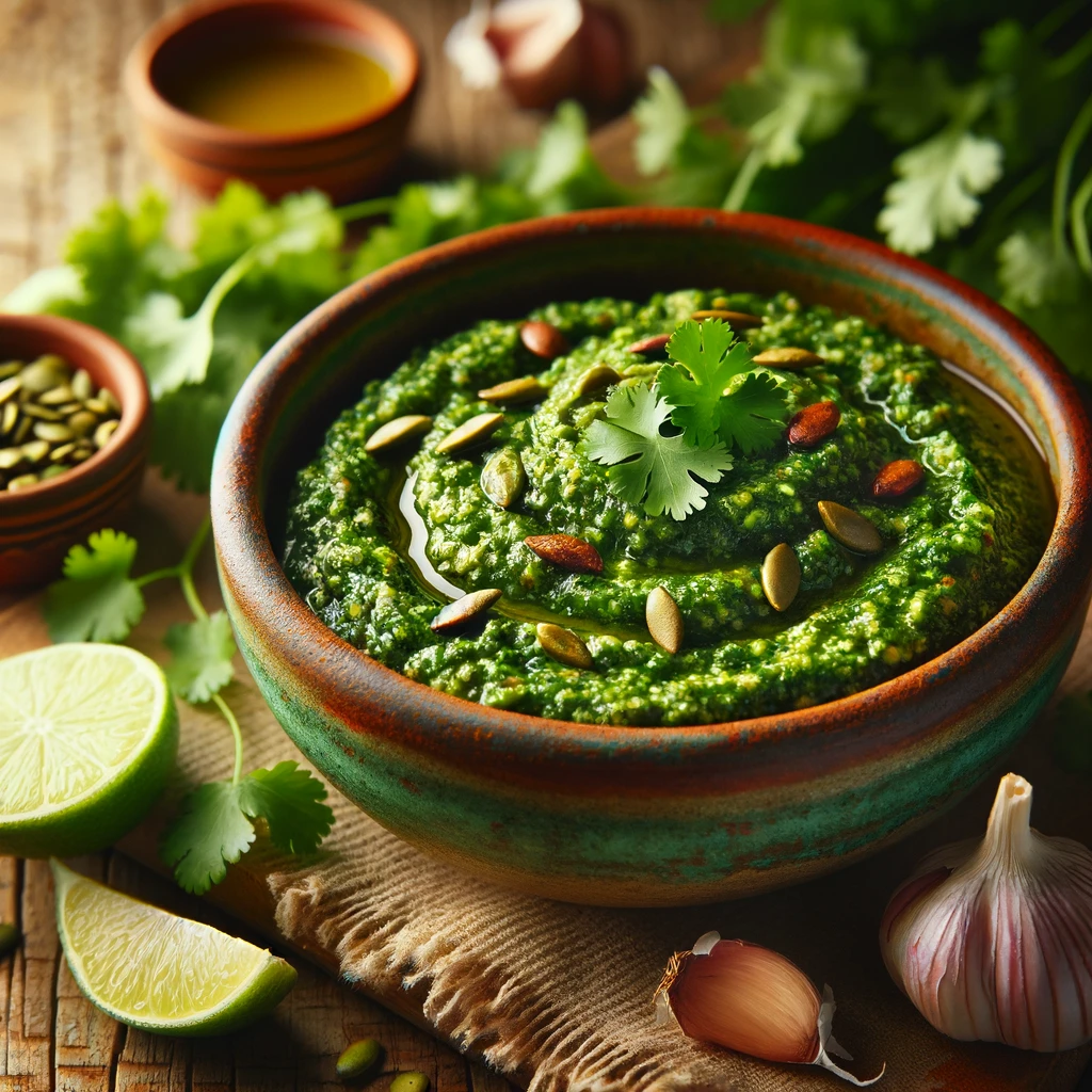 A vibrant, freshly made Cilantro Pepita Pesto served in a rustic ceramic bowl. The pesto has a rich, bright green color and a slightly textured consistency, garnished with a drizzle of olive oil and a sprinkle of toasted pepitas. The bowl sits on a rustic wooden table, accompanied by fresh cilantro sprigs, a small dish of pepitas, garlic cloves, and a lime wedge. Warm, natural lighting enhances the fresh and inviting presentation.