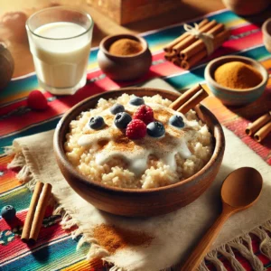 A warm and comforting breakfast setting featuring Cinna-Vanilla Breakfast Rice served in a rustic bowl. The creamy rice is topped with a sprinkle of cinnamon, a drizzle of vanilla syrup, and fresh berries. The setup includes a colorful Mexican-style tablecloth, a small dish of cinnamon, a glass of milk, and a wooden spoon, illuminated by bright natural light for a cozy and inviting atmosphere.