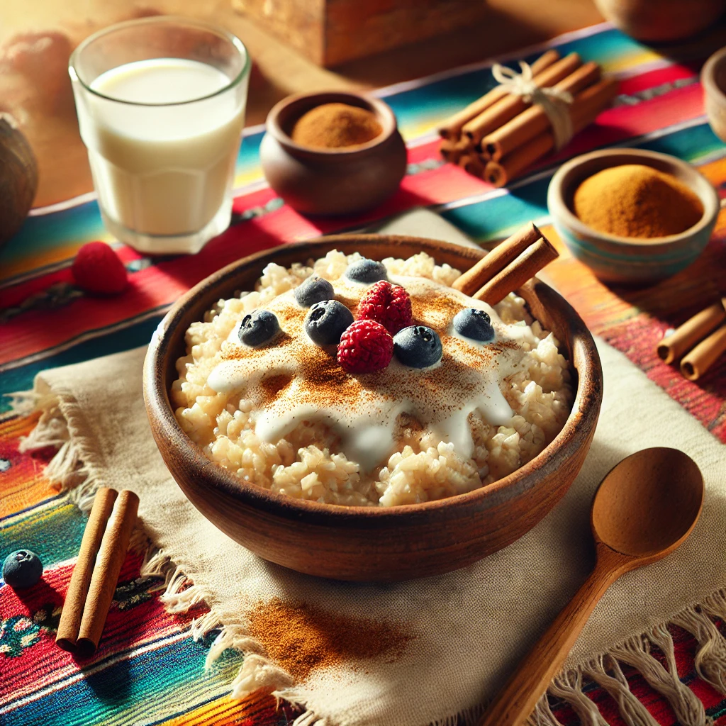 A warm and comforting breakfast setting featuring Cinna-Vanilla Breakfast Rice served in a rustic bowl. The creamy rice is topped with a sprinkle of cinnamon, a drizzle of vanilla syrup, and fresh berries. The setup includes a colorful Mexican-style tablecloth, a small dish of cinnamon, a glass of milk, and a wooden spoon, illuminated by bright natural light for a cozy and inviting atmosphere.