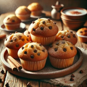 Cinnamon Chip Muffins on a rustic wooden platter, featuring golden-brown, fluffy muffins generously studded with sweet cinnamon chips. A few muffins are broken open to reveal the warm, spiced interior, set on a wooden table with a cup of coffee and a bowl of extra cinnamon chips in the softly blurred background.