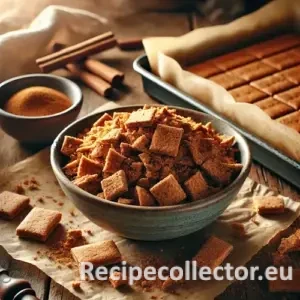 A bowl of golden brown cinnamon graham cracker crumbs beside baked cracker shards on a rustic wooden countertop.