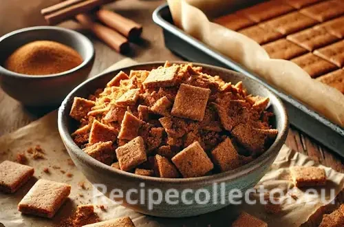 A bowl of golden brown cinnamon graham cracker crumbs beside baked cracker shards on a rustic wooden countertop.