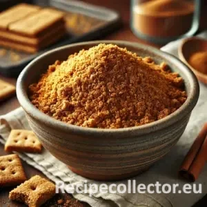 Golden-brown cinnamon graham cracker crumbs in a ceramic bowl on a wooden table, surrounded by broken crackers, a wooden spoon, and a linen napkin in soft natural light.