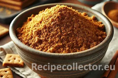Golden-brown cinnamon graham cracker crumbs in a ceramic bowl on a wooden table, surrounded by broken crackers, a wooden spoon, and a linen napkin in soft natural light.