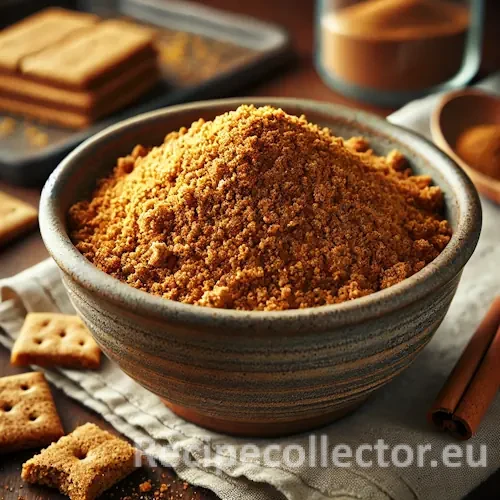 Golden-brown cinnamon graham cracker crumbs in a ceramic bowl on a wooden table, surrounded by broken crackers, a wooden spoon, and a linen napkin in soft natural light.