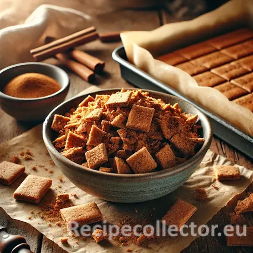 A bowl of golden brown cinnamon graham cracker crumbs beside baked cracker shards on a rustic wooden countertop.