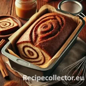 A cozy scene featuring a partially sliced cinnamon quick bread in a loaf pan on a wooden table, surrounded by a bowl of cinnamon sugar, a whisk, and a jar of applesauce.