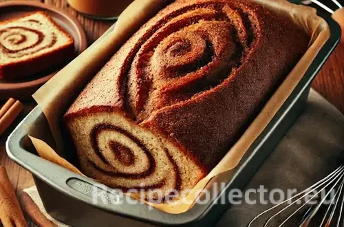 A cozy scene featuring a partially sliced cinnamon quick bread in a loaf pan on a wooden table, surrounded by a bowl of cinnamon sugar, a whisk, and a jar of applesauce.