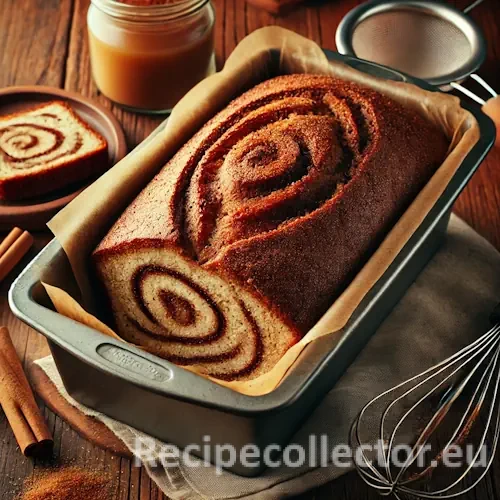 A cozy scene featuring a partially sliced cinnamon quick bread in a loaf pan on a wooden table, surrounded by a bowl of cinnamon sugar, a whisk, and a jar of applesauce.