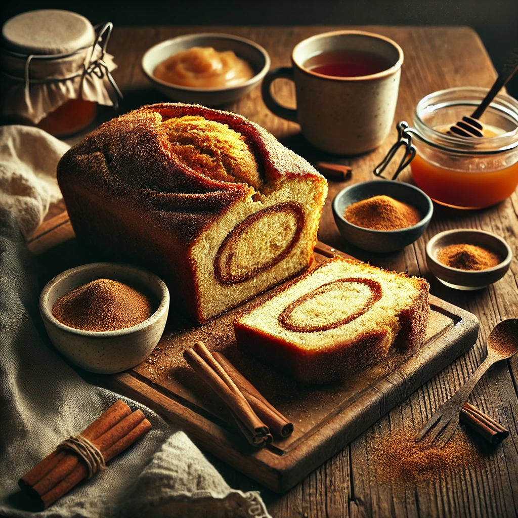 Cinnamon Quick Bread with a golden brown crust and a cinnamon-sugar topping, sliced to reveal a soft interior with cinnamon swirls. The loaf is displayed on a rustic wooden table, styled with a small bowl of ground cinnamon, a jar of applesauce, a linen napkin, and a steaming cup of tea, illuminated by soft natural light for a cozy breakfast presentation.