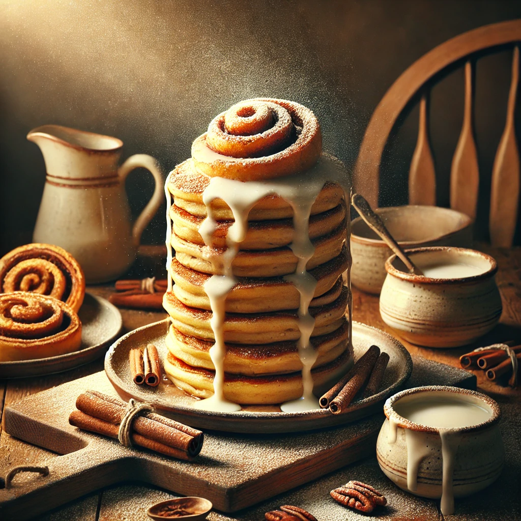A rustic presentation of cinnamon roll pancake stacks, elegantly arranged on a wooden table. The pancakes are golden brown, stacked high, and swirled with a rich cinnamon-sugar filling. A drizzle of creamy vanilla icing cascades down the sides, with a dusting of powdered sugar for extra sweetness. Some stacks are plated individually, while others rest on a wooden cutting board. Scattered around are cinnamon sticks, a small dish of icing, and a sprinkle of chopped pecans. Soft natural lighting enhances the warm and inviting feel, with gentle shadows and a hint of rustic kitchen elements in the background.
