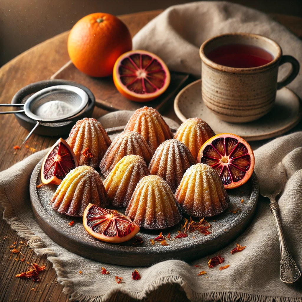 Blood Orange Madeleines arranged on a rustic wooden table, golden brown and lightly dusted with icing sugar, garnished with fresh blood orange zest. A halved blood orange with a vibrant red interior sits beside them, styled with a linen napkin, a small sieve of icing sugar, and a cup of tea, illuminated by soft natural lighting for an elegant and cozy dessert presentation.