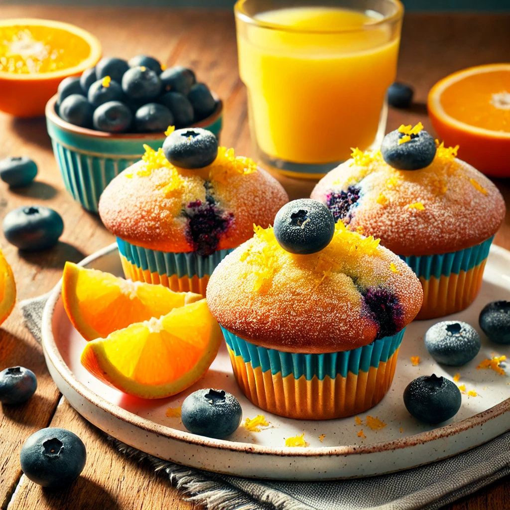 A vibrant and cheerful presentation of Citrus-Infused Blueberry Muffins served on a white ceramic plate. The muffins are golden brown with juicy blueberries and a hint of orange zest on top, lightly dusted with powdered sugar. The setup includes fresh blueberries, orange slices, and a cup of freshly squeezed orange juice on a wooden table, illuminated by bright natural light to highlight their refreshing and tangy appeal, perfect for a breakfast treat or snack.