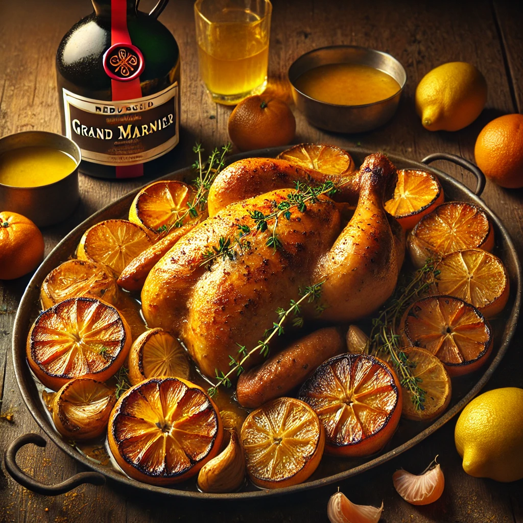 A rustic platter featuring Citrus-Roasted Chicken with Grand Marnier, showcasing golden, caramelized chicken pieces surrounded by roasted slices of lemon, tangerine, and garlic cloves. Fresh thyme sprigs are placed decoratively on top. A small saucepan of glossy citrus sauce sits nearby, alongside fresh lemons and tangerines, all arranged on a wooden table.