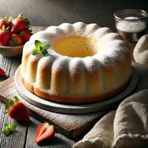 A classic angel food cake with a golden crust and soft, white interior, dusted with confectioners’ sugar, on a rustic wooden table. Fresh strawberries and a sprig of mint garnish the cake, with a cozy napkin and wooden cutting board adding to the warm, inviting atmosphere.