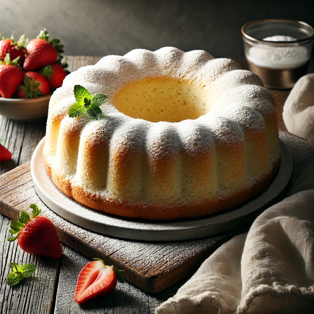 A classic angel food cake with a golden crust and soft, white interior, dusted with confectioners’ sugar, on a rustic wooden table. Fresh strawberries and a sprig of mint garnish the cake, with a cozy napkin and wooden cutting board adding to the warm, inviting atmosphere.
