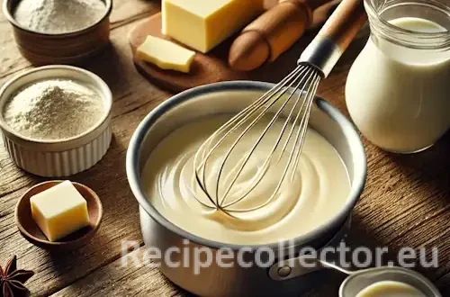 A creamy white béchamel sauce in a saucepan on a rustic wooden table, surrounded by a whisk, nondairy milk, flour, butter, and nutmeg under soft natural lighting.