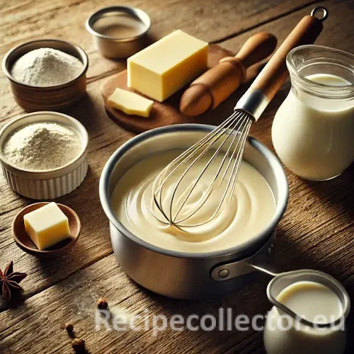 A creamy white béchamel sauce in a saucepan on a rustic wooden table, surrounded by a whisk, nondairy milk, flour, butter, and nutmeg under soft natural lighting.