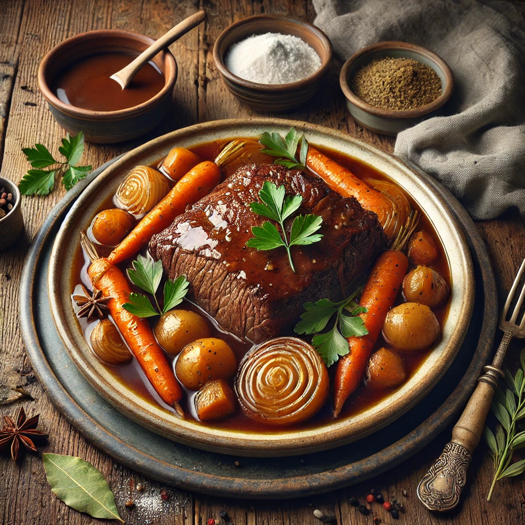 A rustic ceramic platter of pot roast sits on a wooden table. The golden-brown topside roast is surrounded by chunks of soft carrots and onions, all cooked in a rich beef stock. The dish is garnished with fresh parsley and served with a small bowl of thick gravy. Scattered around are a bay leaf, a small bowl of flour, and a folded linen napkin. Soft natural light highlights the glossy sauce and hearty textures, creating a warm and comforting presentation.
