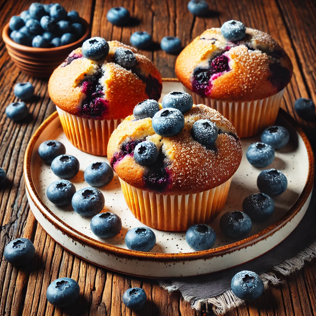 A beautifully plated batch of Classic Blueberry Muffins served on a rustic wooden table. The muffins are golden-brown with juicy blueberries bursting throughout. Topped with a light dusting of powdered sugar and a crunchy sugar crust. Arranged on a white ceramic plate with a side of fresh blueberries. The warm wooden table is more visible, providing a cozy and inviting setting.