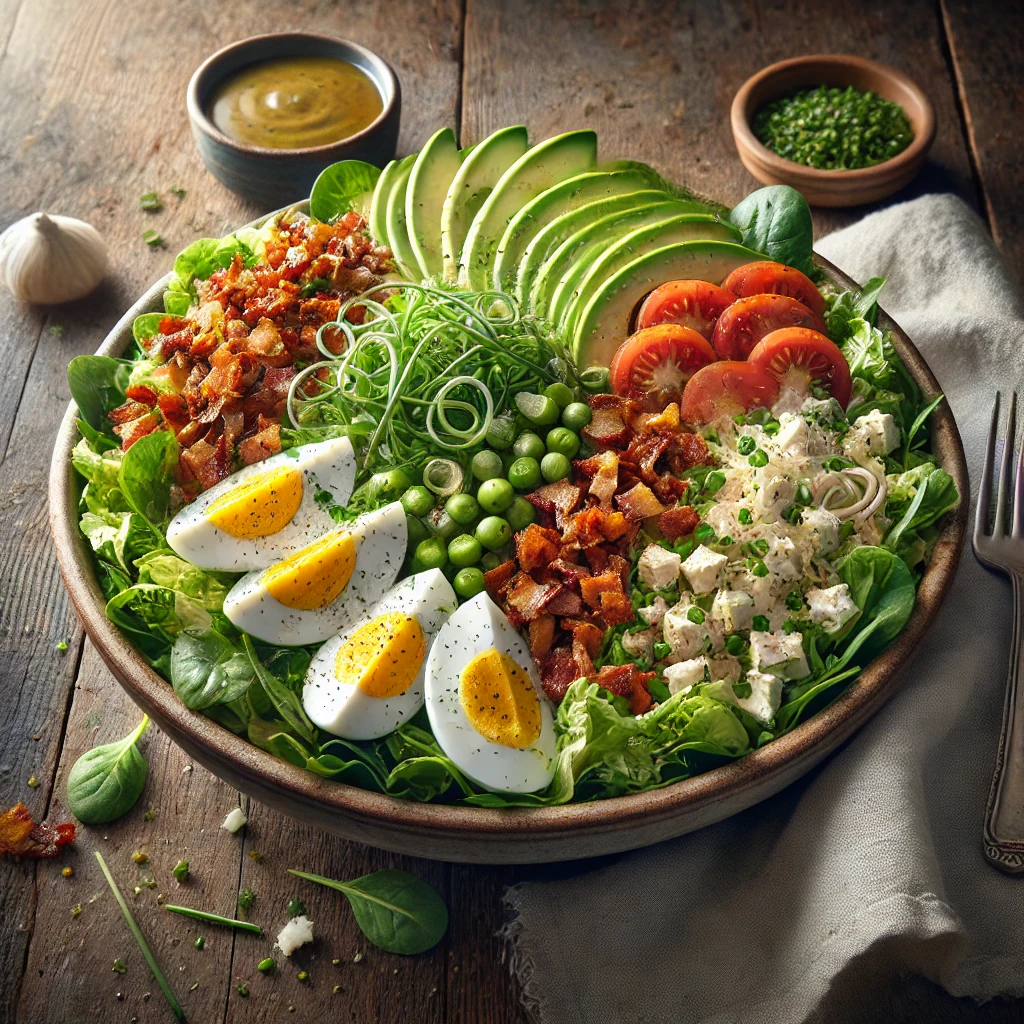 A wide, shallow bowl of the Brown Derby's Original Cobb Salad sits on a rustic wooden table. The salad features finely chopped lettuce, watercress, chicory, and romaine as the base, topped with neatly arranged rows of diced tomatoes, chicken breast, crispy crumbled bacon, avocado slices, chopped hard-boiled eggs, and crumbled Roquefort cheese. Garnished with chopped chives, the vibrant and colorful salad is served alongside a small bowl of French dressing. The rustic table includes a folded linen napkin and scattered salad ingredients, creating a fresh and inviting atmosphere.