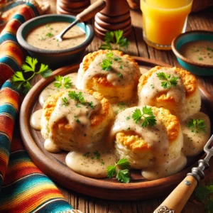 A cozy and classic breakfast scene featuring golden brown Buttermilk Biscuits topped with rich savory gravy, arranged on a rustic wooden platter. The flaky biscuits are garnished with freshly ground black pepper and parsley, accompanied by a colorful Mexican-style tablecloth, a small dish of gravy, a glass of orange juice, and a fork, illuminated by bright natural light to enhance the comforting appeal.