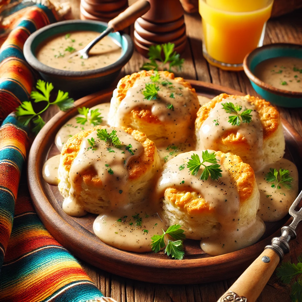 A cozy and classic breakfast scene featuring golden brown Buttermilk Biscuits topped with rich savory gravy, arranged on a rustic wooden platter. The flaky biscuits are garnished with freshly ground black pepper and parsley, accompanied by a colorful Mexican-style tablecloth, a small dish of gravy, a glass of orange juice, and a fork, illuminated by bright natural light to enhance the comforting appeal.