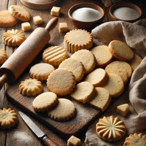Freshly baked shortbread cookies arranged on a rustic wooden table, golden and slightly crumbly with a dusting of caster sugar. The scene includes a linen napkin, a small bowl of extra sugar, and a wooden rolling pin, illuminated by soft natural lighting for a cozy and inviting baking presentation.