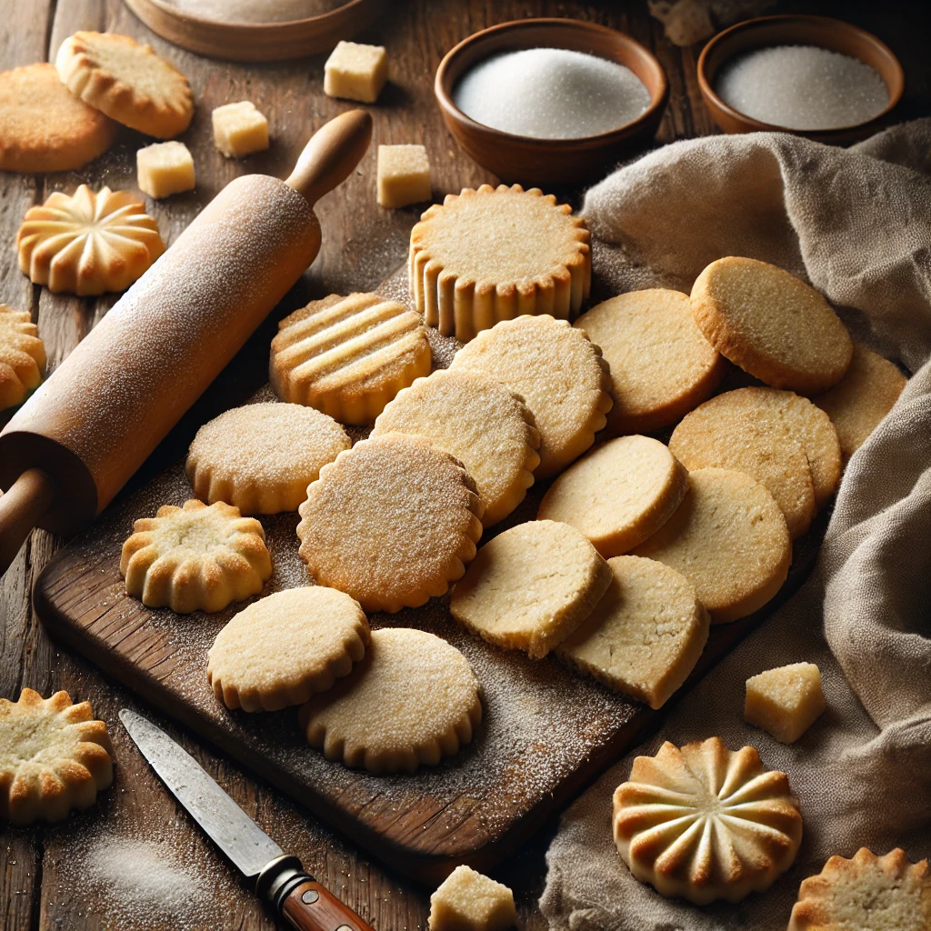 Freshly baked shortbread cookies arranged on a rustic wooden table, golden and slightly crumbly with a dusting of caster sugar. The scene includes a linen napkin, a small bowl of extra sugar, and a wooden rolling pin, illuminated by soft natural lighting for a cozy and inviting baking presentation.