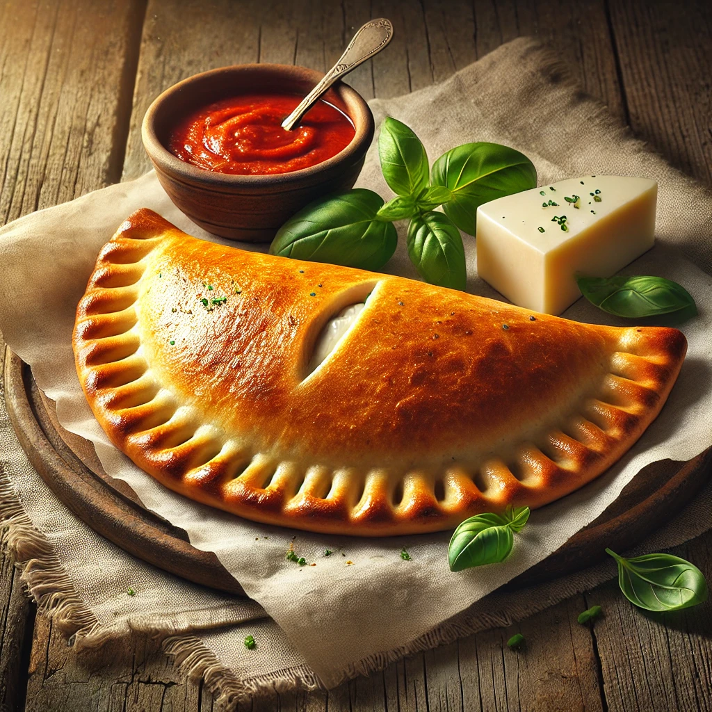 Freshly baked cheese calzones with golden, shiny crusts sit on a rustic wooden table. The calzones are puffed with ricotta and mozzarella filling and have a 1-inch slit on top for venting. Beside them is a small bowl of warm tomato sauce for dipping, fresh basil leaves for garnish, and a block of mozzarella cheese.