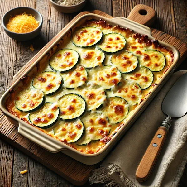 Ultra-sharp image of zucchini slices layered with creamy sauce and topped with golden bubbling cheese, baked in a ceramic dish. Served on a rustic wooden dining table with a serving spoon and linen napkin, captured in bright natural light.