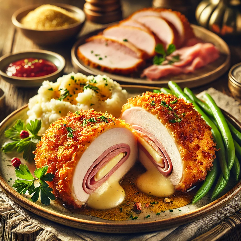Golden, crispy breaded chicken breasts stuffed with ham and melted Swiss cheese, sliced to reveal the gooey filling, served with mashed potatoes and green beans.
