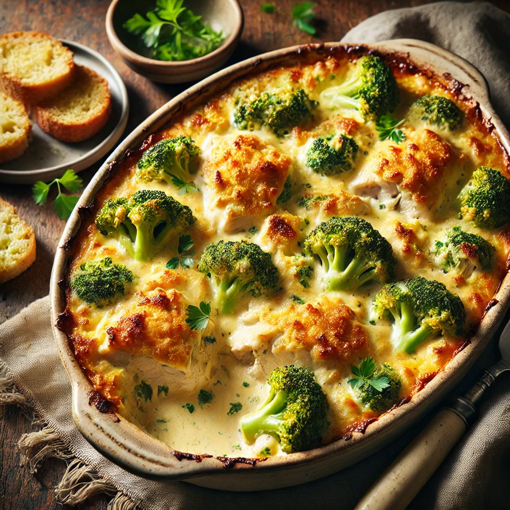 A classic chicken divan casserole in a rustic ceramic baking dish, featuring tender chicken and broccoli florets in a creamy, cheesy sauce. The dish is topped with a golden, buttery breadcrumb crust and garnished with fresh parsley. Set on a rustic wooden table, it is accompanied by a serving spoon, a side salad, and slices of crusty bread. Warm natural light highlights the creamy textures and golden crust, creating a cozy, homemade feel.