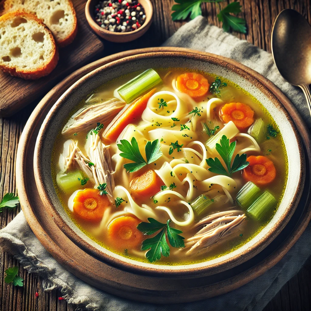 A beautifully plated bowl of Classic Chicken Noodle Soup served on a rustic wooden table. The dish features a comforting broth with tender shredded chicken, egg noodles, sliced carrots, celery, and onions. Garnished with freshly chopped parsley. Served in a rustic ceramic bowl with a side of crusty bread. The warm wooden table is more visible, providing a cozy and inviting setting.