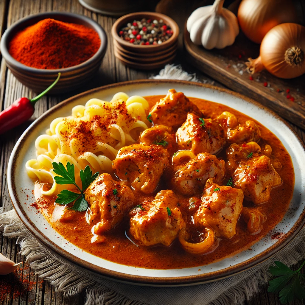 Tender chicken pieces simmered in a rich, smoky paprika sauce with a creamy texture, garnished with fresh parsley and served with buttered noodles or rice.