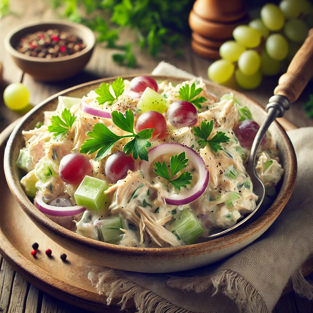 A bowl of classic chicken salad with shredded chicken, creamy mayonnaise dressing, diced celery, red onion, and sliced grapes on a rustic wooden table. Garnished with fresh parsley and black pepper, with a serving spoon lifting a portion. A cozy napkin and wooden plate enhance the warm, inviting atmosphere.