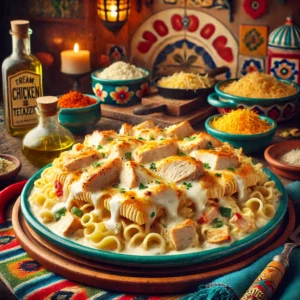 Traditional Chicken Tetrazzini with creamy noodles, mozzarella cheese, and herbs, served in a cozy Mexican-inspired setting.