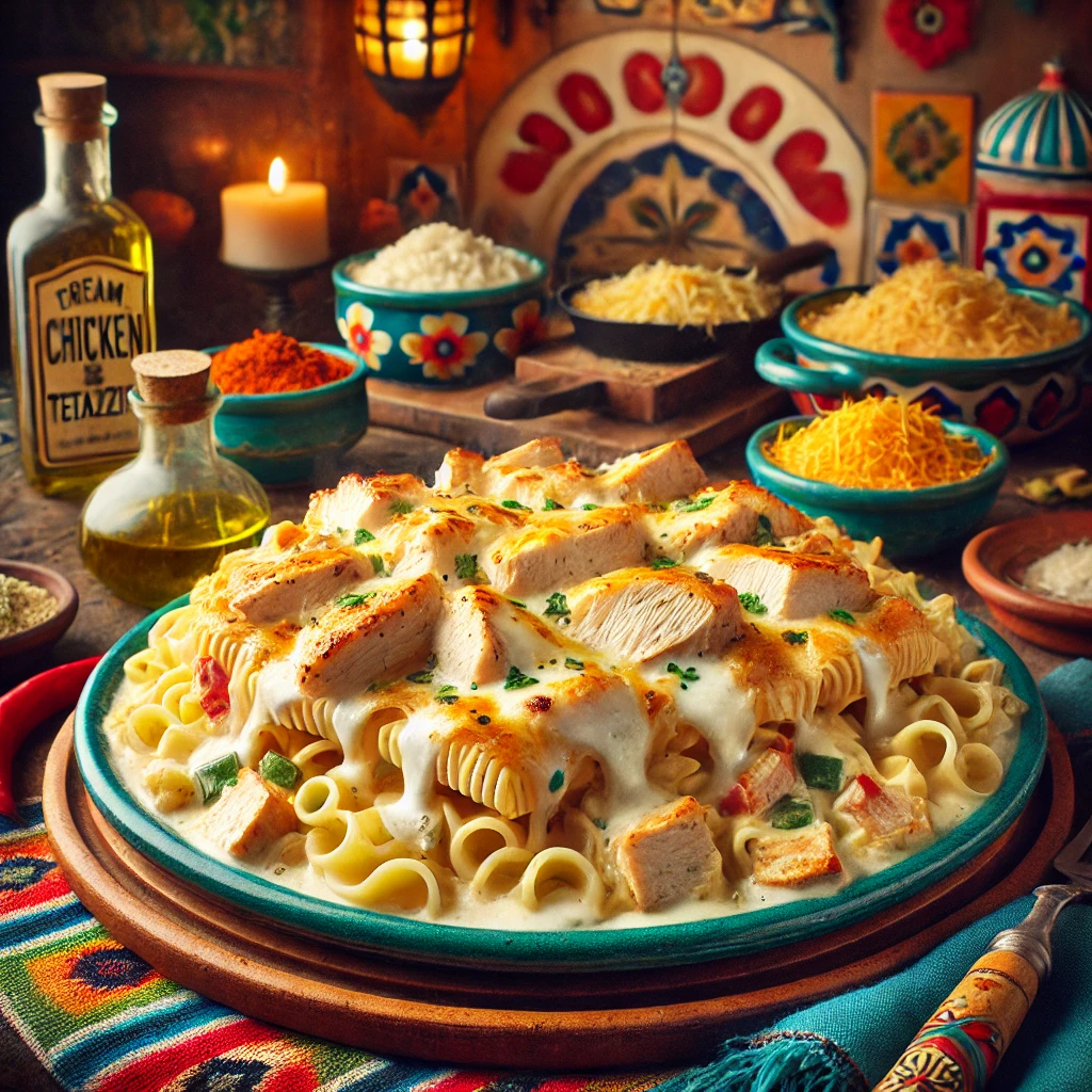 Traditional Chicken Tetrazzini with creamy noodles, mozzarella cheese, and herbs, served in a cozy Mexican-inspired setting.