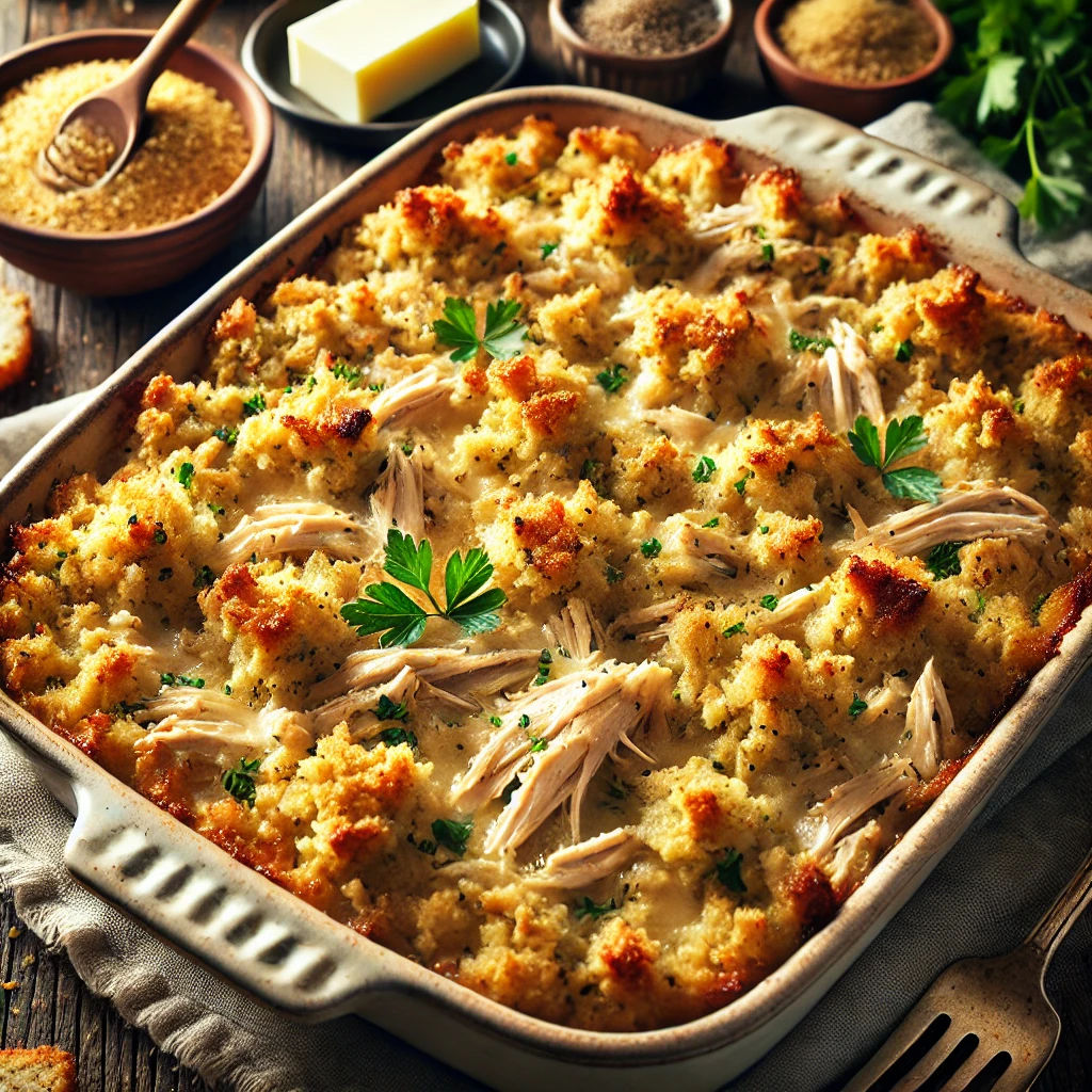 Tender shredded chicken mixed with savory herb-seasoned stuffing and a creamy sauce, topped with golden, crispy stuffing and garnished with fresh parsley.