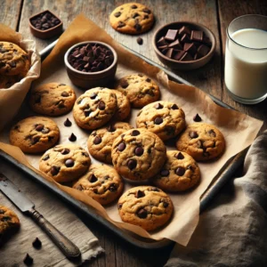 Freshly baked Chocolate Chip Cookies arranged on a baking tray lined with parchment paper, golden brown with melted dark chocolate chips. The scene is styled on a rustic wooden table with a bowl of dark chocolate chips, a linen napkin, and a glass of milk, illuminated by soft natural lighting for a warm and cozy dessert presentation.