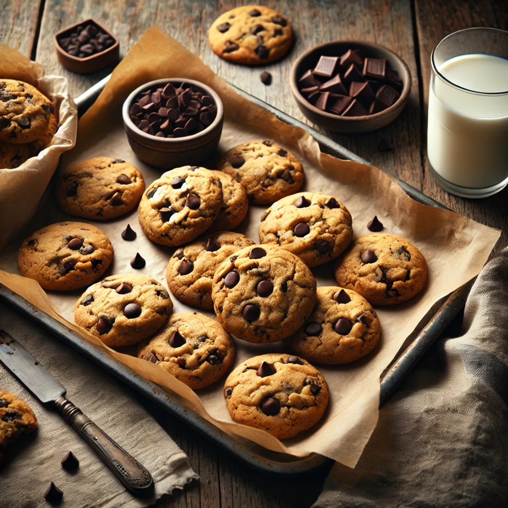 Freshly baked Chocolate Chip Cookies arranged on a baking tray lined with parchment paper, golden brown with melted dark chocolate chips. The scene is styled on a rustic wooden table with a bowl of dark chocolate chips, a linen napkin, and a glass of milk, illuminated by soft natural lighting for a warm and cozy dessert presentation.