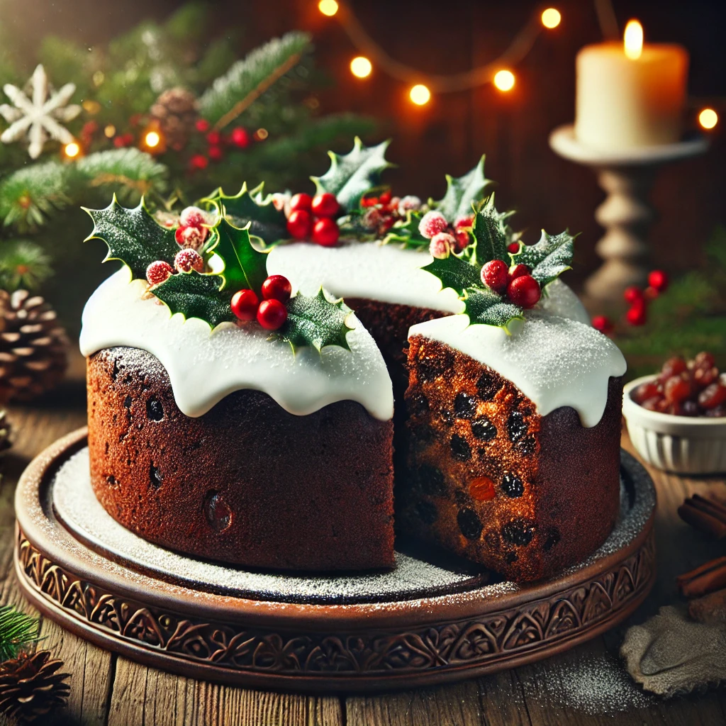 A beautifully decorated traditional Christmas cake with a smooth white icing layer, adorned with holly leaves, red berries, and a dusting of powdered sugar. A slice is cut to reveal the rich, fruit-packed interior with raisins, sultanas, and nuts. The cake sits on an elegant ANTA baking dish on a rustic wooden table, surrounded by warm festive lighting, pinecones, and fairy lights, creating a cozy holiday atmosphere.